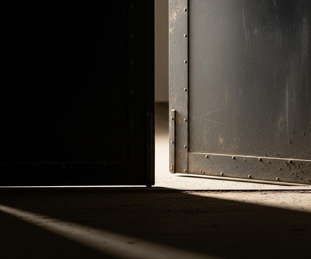 Dwa ciemne, metalowe skrzydła drzwi są lekko uchylone, tworząc pionową szczelinę światła pośrodku obrazu. Prawe skrzydło drzwi jest lepiej oświetlone, ukazując jego szarą, zabrudzoną powierzchnię z widocznymi nitami i zarysowaniami, oraz jest nieco szersze niż lewe, które pozostaje w głębokim cieniu. U dołu drzwi widać wąską szczelinę, przez którą wpada pozioma smuga światła, rzucająca cień na zakurzoną podłogę.