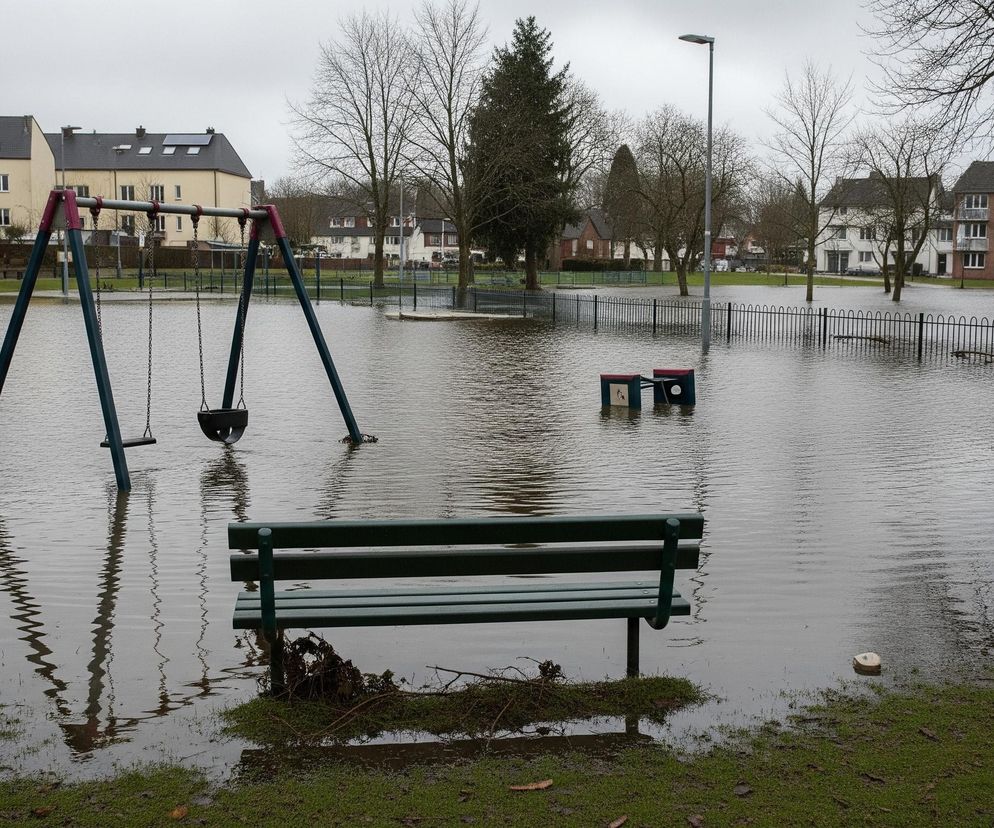 Zatopiony plac zabaw i tereny zielone rozciągają się na pierwszym planie, z ciemnozieloną ławką częściowo zanurzoną w brudnej wodzie po prawej stronie. Pośrodku obrazu, z wody wystają słupki huśtawek o stalowych konstrukcjach w odcieniach czerwieni i granatu, a obok nich widać małe elementy placu zabaw. Dalszą część obszaru zalewowego otacza czarne metalowe ogrodzenie, za którym wznoszą się bezlistne drzewa i rzędy kilkupiętrowych budynków mieszkalnych o zróżnicowanych fasadach w odcieniach beżu, cegły i bieli. Szare, zachmurzone niebo dominuje w tle.