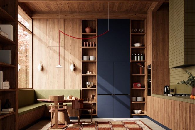 Granatowa lodówka w kuchni i styl midcentury