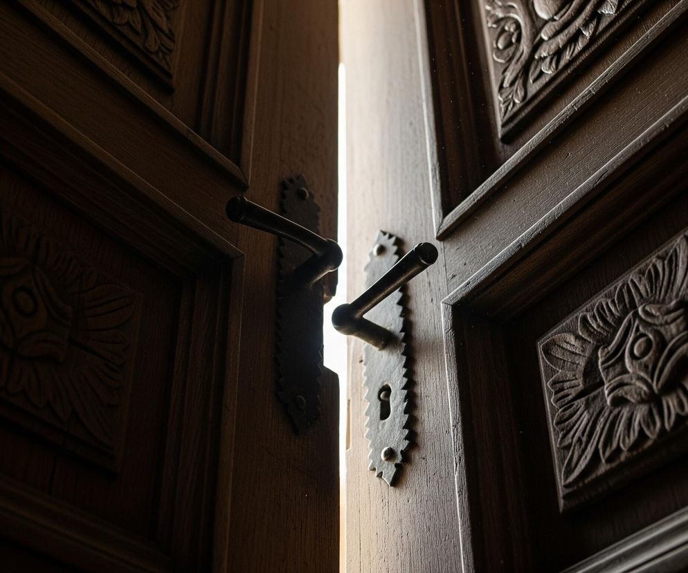 Uchylone drewniane drzwi z metalowymi klamkami i ozdobnymi panelami. Szpary między drzwiami rozświetla jasne, pionowe światło, podczas gdy reszta pomieszczenia jest zacieniona. Na lewym skrzydle widać dwie prostokątne, rzeźbione płyciny z motywem kwiatu lub słońca, podobne zdobienia znajdują się na prawym skrzydle.