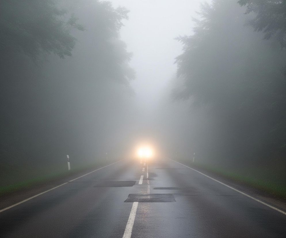 Mokra, ciemnoszara asfaltowa droga biegnie prosto, niknąc w gęstej, białej mgle na horyzoncie. Na drodze widać białe linie, podwójną przerywaną pośrodku oraz ciągłe po jej bokach, a także ciemniejsze, nieregularne łaty naprawianego asfaltu. Przed nami, w oddali, z mgły wyłaniają się jaskrawe, żółto-pomarańczowe światła reflektorów pojazdu. Po obu stronach drogi, w ciemnoszarej mgle, słabo widoczne są kontury drzew, tworzące wąski korytarz. Zielone pasy trawy widoczne są na poboczu drogi, stykając się z ciemnym asfaltem.