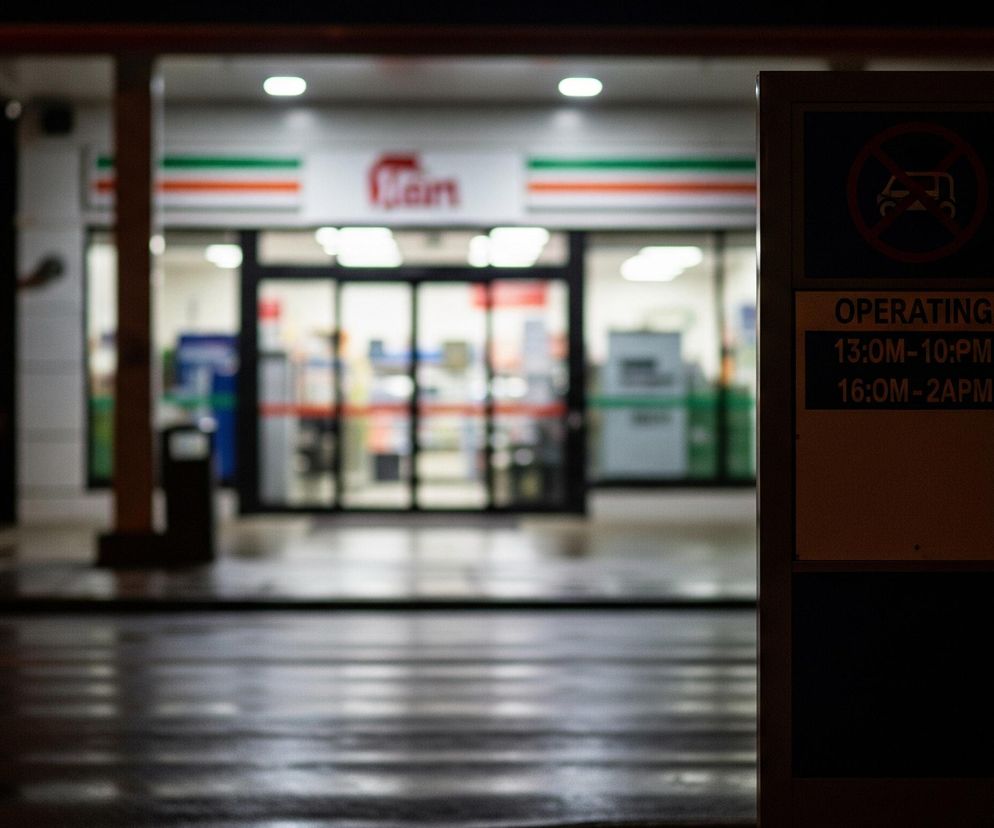 Na pierwszym planie po prawej stronie znajduje się ciemna, prostokątna tablica informacyjna z częściowo widocznymi, podświetlonymi napisami OPERATING i godzinami otwarcia: 13:0M-10:PM oraz 16:OM-2APM, a także ikoną przekreślonego samochodu na górze. W tle, rozmyty, jasny budynek z przeszklonymi drzwiami wejściowymi oświetla otoczenie, z widocznym na fasadzie czerwonym napisem i poziomymi pasami w kolorach zielonym, pomarańczowym i białym. Nawierzchnia przed budynkiem, prawdopodobnie droga lub chodnik, odbija światło, tworząc jasne refleksy, sugerujące mokrą powierzchnię. Całość ujęcia utrzymana jest w ciemnych barwach nocy, z ostrością skupioną na tablicy i rozmytym tłem.