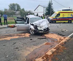 Wypadek trzech pojazdów na DK79 w Ożarowie. Kierowców dwóch ciężarówek i BMW zabrały karetki