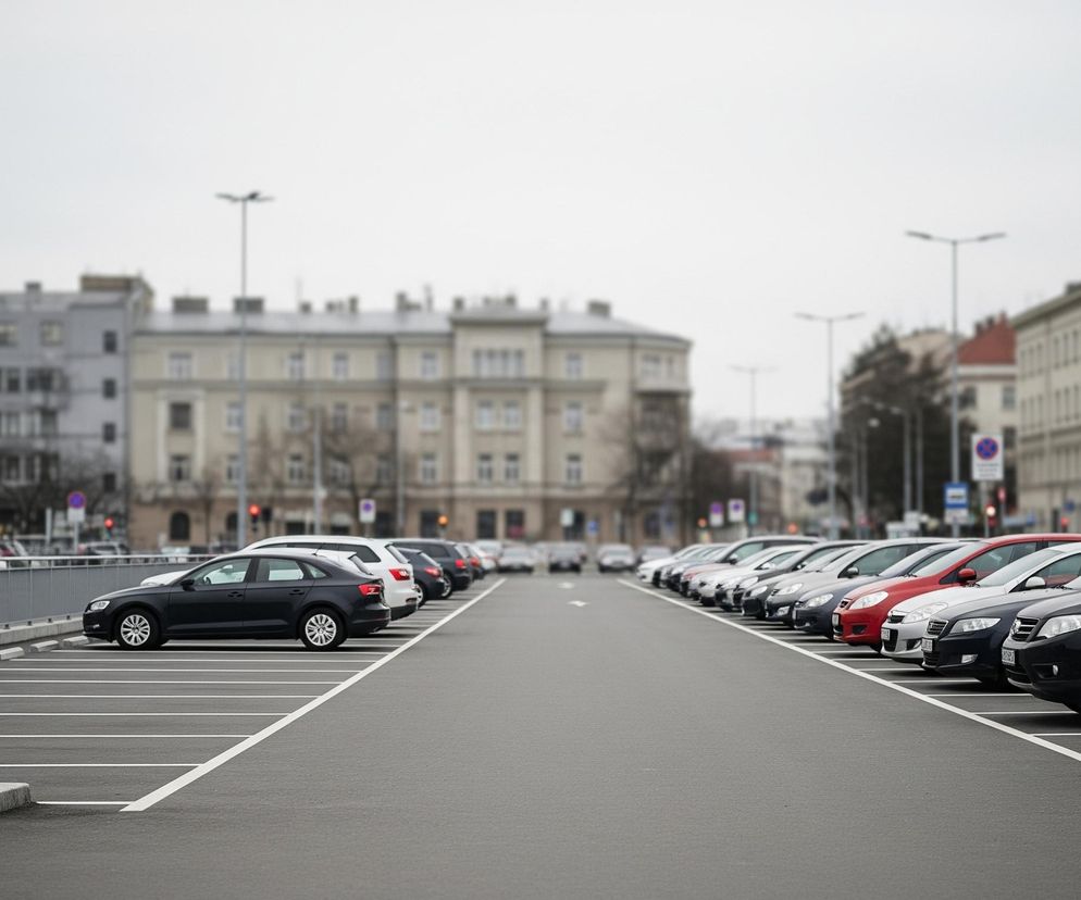 Na pierwszym planie widoczny jest pusty, asfaltowy parking z białymi liniami wyznaczającymi miejsca postojowe, rozciągający się od dołu kadru w kierunku oddalających się budynków. Po lewej stronie zaparkowane są samochody, w tym czarny sedan na pierwszym miejscu, a po prawej stronie znajduje się długi rząd różnokolorowych aut, głównie ciemnych, zaparkowanych prostopadle do osi widza. W tle, za parkingiem, rozpościera się miejski krajobraz z wielopiętrowymi budynkami i częściowo widocznym, zachmurzonym niebem.