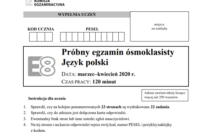Próbny egzamin ósmoklasisty 2020 CKE online - ARKUSZE, ZADANIA, ODPOWIEDZI język polski