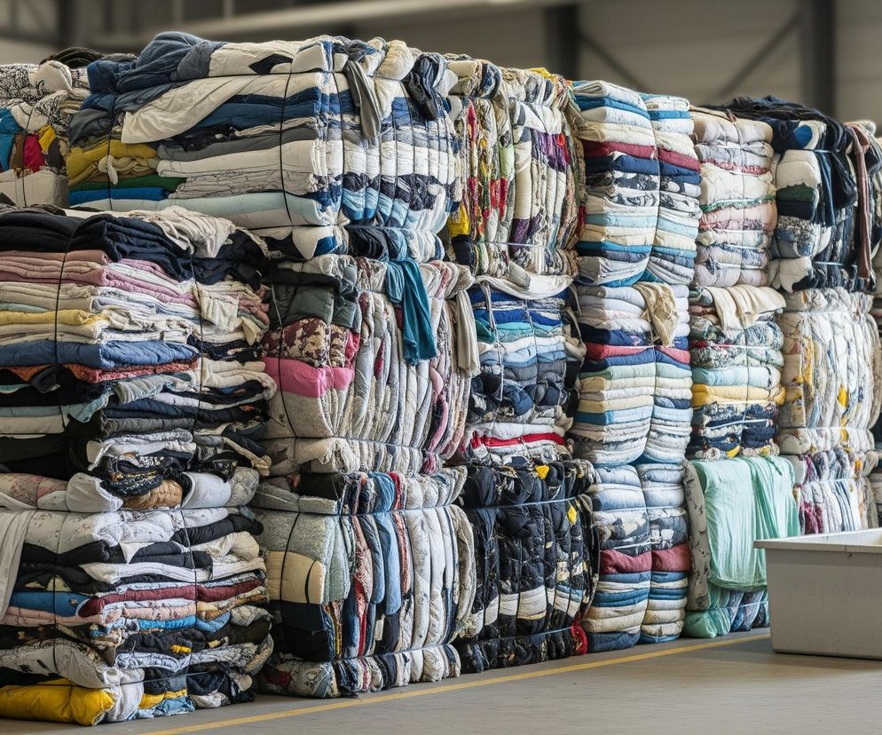 Ogromny stos sprasowanych bel tekstyliów zajmuje prawie cały kadr, tworząc wysoki mur z recyklingowanych ubrań i tkanin o różnych kolorach i wzorach. Bele są ciasno związane czarnymi pasami lub sznurkami, układane jedna na drugiej, tworząc nieregularne bloki. Na pierwszym planie, po prawej stronie, stoi szare, plastikowe pojemnik bez pokrywy, a podłoga jest betonowa z żółtą linią. W tle widoczna jest konstrukcja dachu hali przemysłowej.