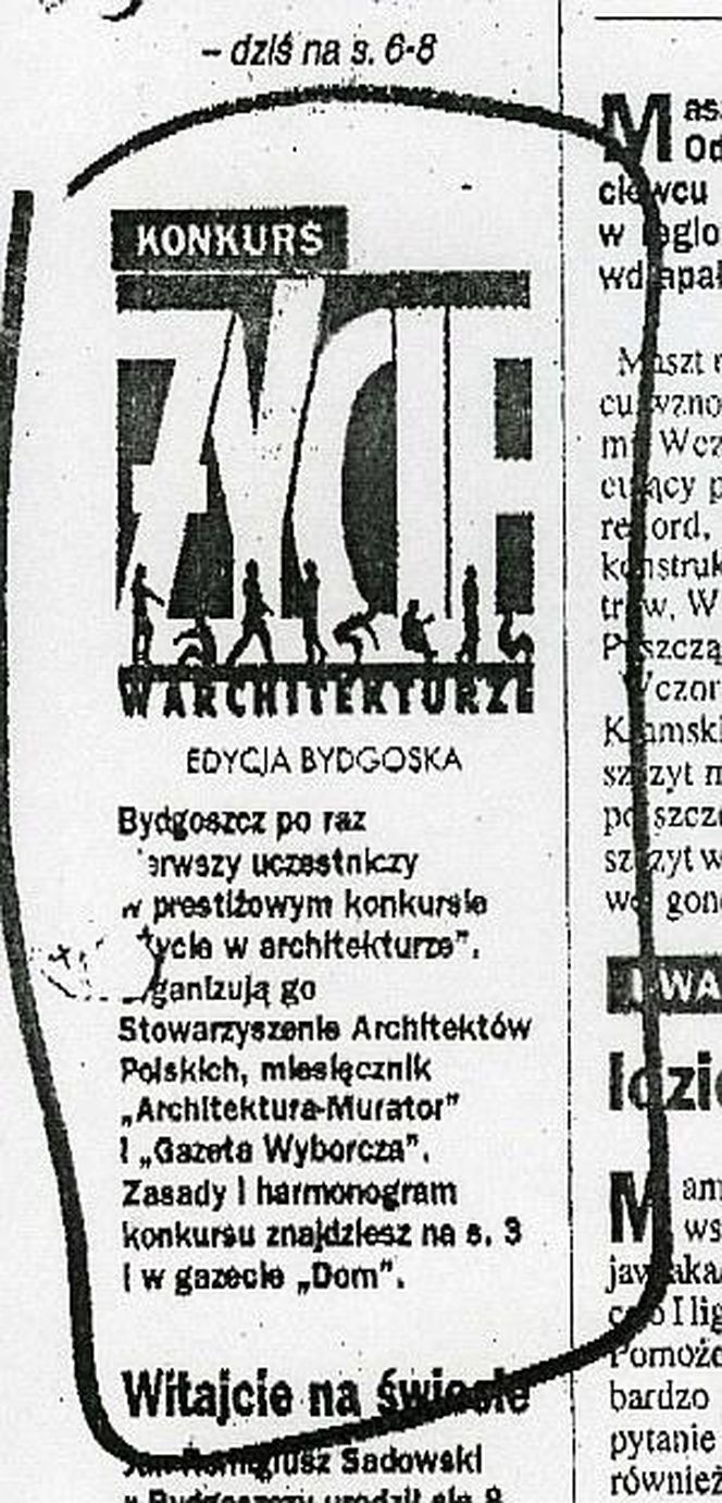 Konkurs ŻYCIE W ARCHITEKTURZE. Edycja bydgoska, Gazeta Wyborcza 14.04.1999
