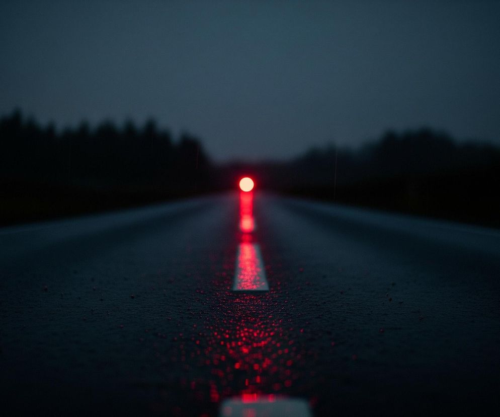 Długa, asfaltowa droga biegnie przez środek kadru, zbiegając się w dal. Jej ciemna, mokra nawierzchnia odbija intensywne, czerwone światło, tworzące smugę i rozproszone punkty pośrodku pasa ruchu. W oddali, na horyzoncie, widać rozmazaną sylwetkę lasu lub drzew o ciemnym zabarwieniu, a nad nimi rozciąga się ciemne, granatowe niebo. Cały obraz utrzymany jest w mrocznej tonacji, z dominującymi odcieniami szarości, granatu i czerni, przełamanymi jedynie przez jaskrawe, czerwone refleksy.