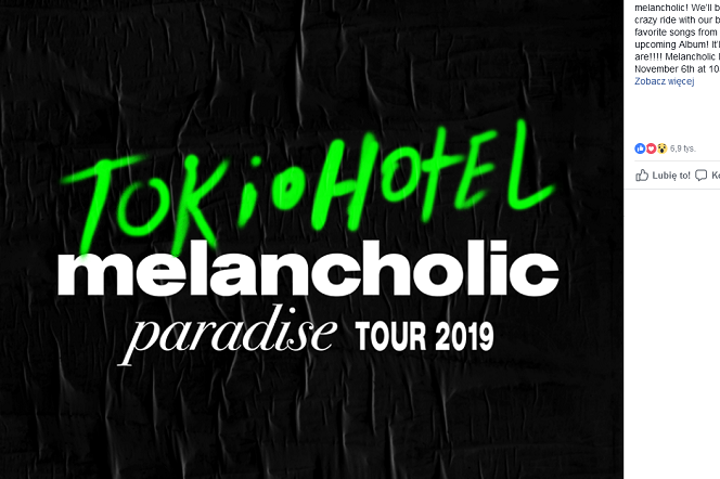 Tokio Hotel trasa Melancholic Paradise Tour 2019