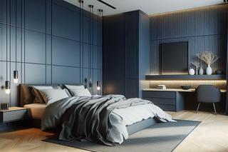 Granatowa sypialnia z jasna podłogą