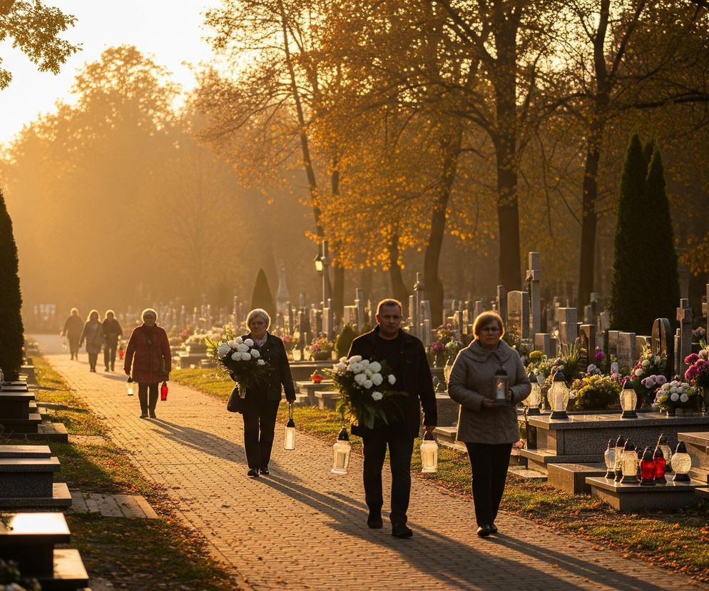 Grupa ludzi idzie brukowaną aleją przez cmentarz w ciepłym, pomarańczowym świetle zachodzącego słońca lub wschodzącego słońca. W centralnej części kadru, po prawej stronie, widać mężczyznę niosącego duży bukiet białych kwiatów i lampion, obok niego kobietę z lampionem, a za nimi kolejną kobietę niosącą bukiet i lampion; w tle idą inne, mniej wyraźne postacie. Po obu stronach alei rozciągają się groby ozdobione licznymi kwiatami w wazonach i zapalonymi zniczami, a w tle widać drzewa o jesiennych liściach, z których słońce prześwituje przez gałęzie.