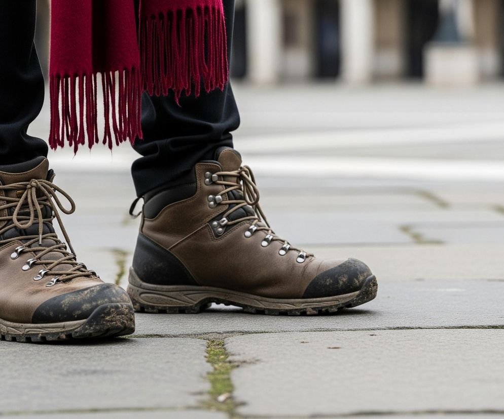 Dwie brązowe, skórzane buty trekkingowe z ciemnymi sznurówkami i metalowymi przelotkami, pokryte częściowo błotem na noskach i podeszwach, stoją na szarych, kamiennych płytach chodnika. Nad butami widoczne są czarne spodnie i fragment zwisającego, bordowego szalika z frędzlami po prawej stronie. Tło jest rozmyte, ukazując jaśniejsze i ciemniejsze prostokątne kształty, sugerujące budynki lub kolumny.