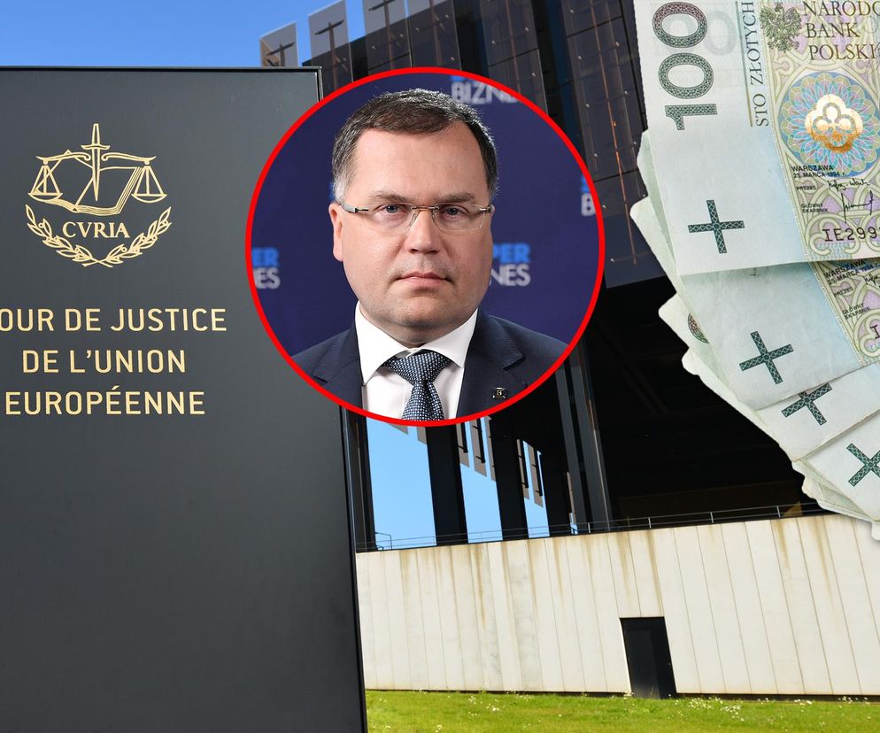 Tablica z napisem COUR DE JUSTICE DE L'UNION EUROPÉENNE, fragment banknotów 100 zł i portret Tadeusza Białka. Zdjęcie ilustruje kontekst opinii TSUE w sprawie WIBOR oraz ostrzeżenia prezesa ZBP dla kredytobiorców, o czym przeczytasz więcej na Super Biznes.