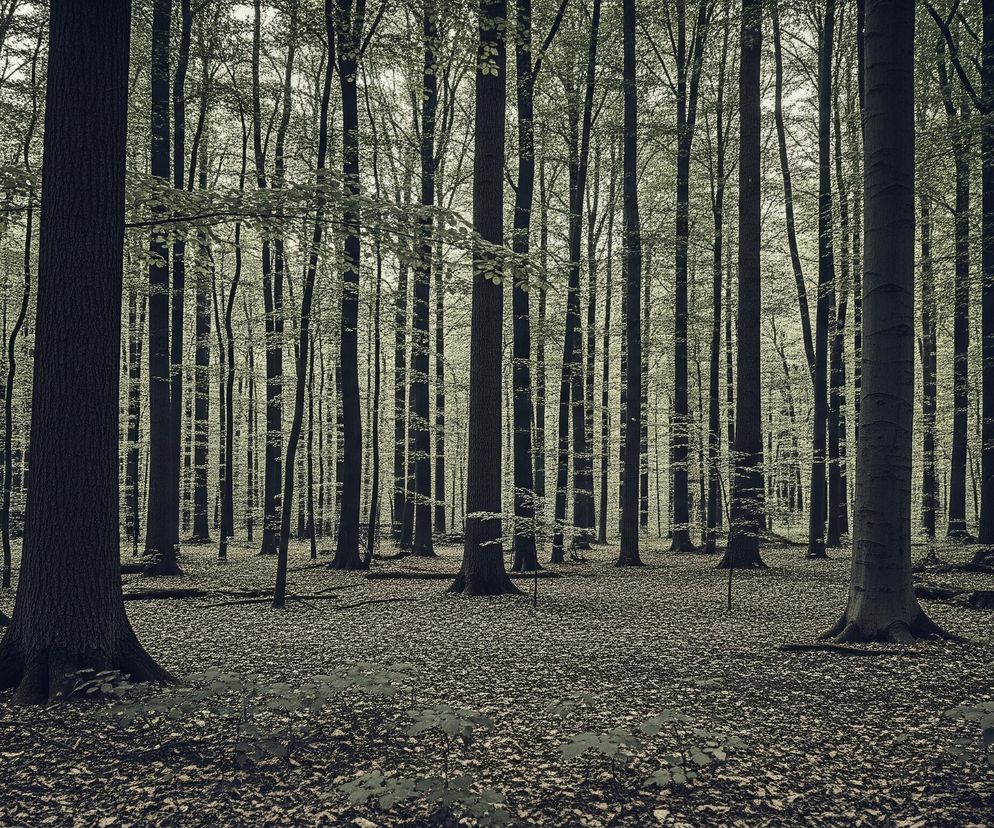 Las pełen wysokich drzew o ciemnych pniach i jasnozielonych, gęstych koronach. Spód lasu pokryty jest równomiernie warstwą opadłych liści w odcieniach brązu i szarości, z widocznymi gdzieniegdzie młodymi roślinami. W tle widoczne są liczne pnie drzew, które tworzą gęsty, ciemny wzór, a światło przenika przez liście, tworząc jaśniejsze akcenty na górnych partiach obrazu. Kompozycja utrzymana jest w stonowanych, chłodnych barwach, dominują ciemne zielenie, szarości i brązy.