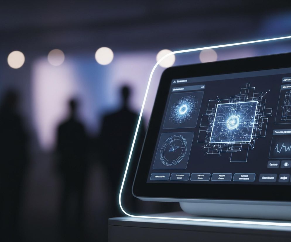Na pierwszym planie, z prawej strony, znajduje się futurystyczny tablet w obudowie o zaokrąglonych kształtach, podświetlony jasnoniebieską, ciągłą linią neonową. Ekran tabletu wyświetla ciemny interfejs użytkownika z wieloma oknami i wykresami w odcieniach błękitu i bieli, prezentującymi złożone struktury danych i schematy sieciowe. W tle widoczne są rozmyte sylwetki ludzi oraz jasne, okrągłe punkty świetlne, sugerujące obecność w większej, słabo oświetlonej przestrzeni.