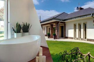 Podmiejski bungalow o powierzchni 150 metrów. Wysokie i wąskie okna sięgają w nim do ziemi