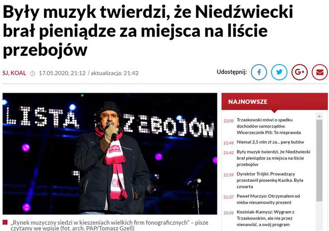 Tomaldo Banjo oskarża Niedźwieckiego - screen zdjętego artykułu