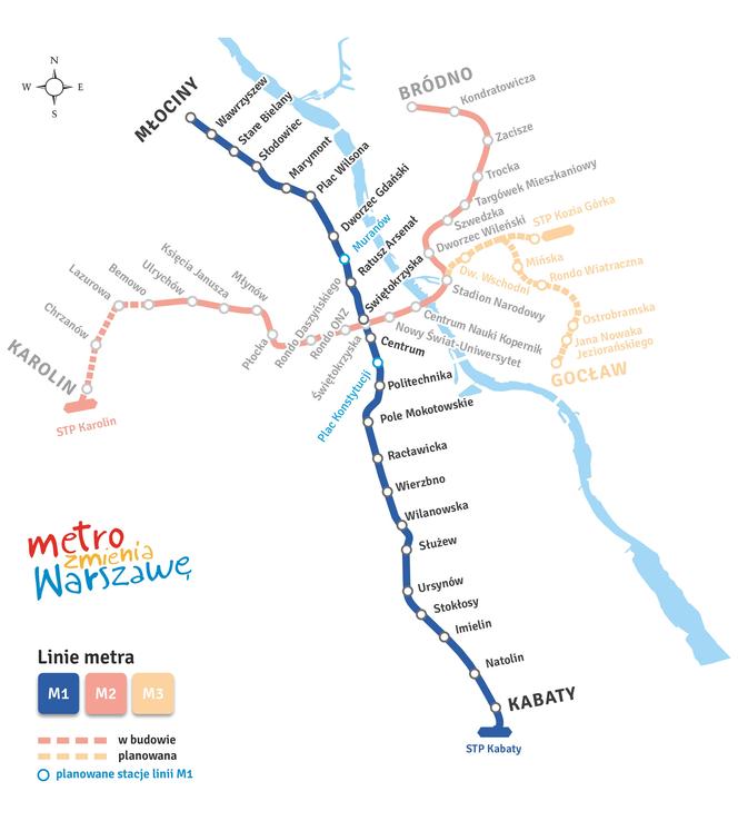 Mapa 1. linii metra z brakującymi stacjami