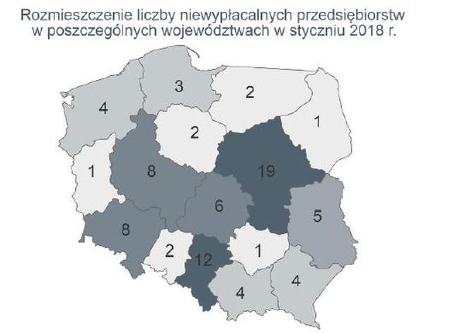 Niewypłacalnośc firm w województwach, styczen 2018 