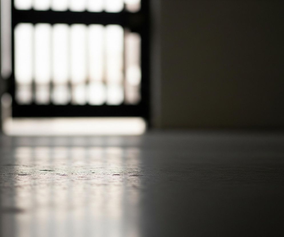 Na pierwszym planie widoczna jest jasnoszara, ziarnista powierzchnia, częściowo oświetlona, co tworzy odblask rozciągający się od lewej dolnej krawędzi ku środkowi zdjęcia. W głębi, pośrodku kadru, znajduje się ciemny, prostokątny otwór lub futryna, z widocznymi wewnątrz pionowymi, jasno oświetlonymi elementami, przypominającymi kraty lub szczeliny, które są rozmyte i nieostre. Tło po obu stronach otworu jest ciemne i niewyraźne.