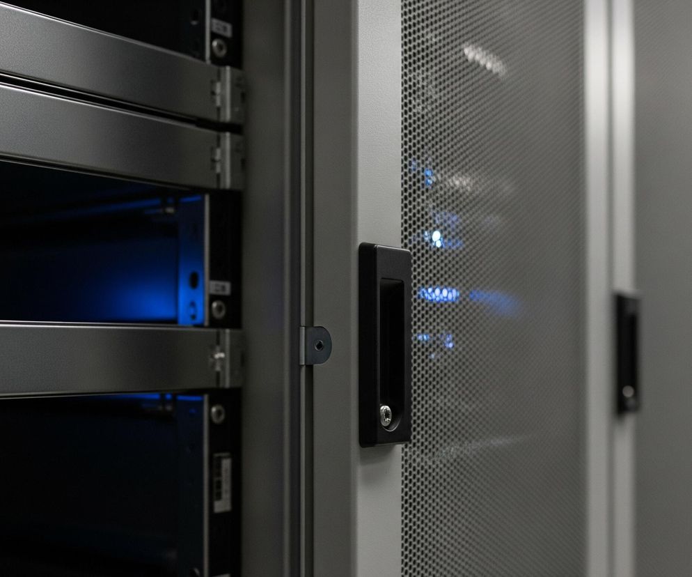 Lewą stronę obrazu wypełnia wnętrze otwartej szafy rackowej, gdzie widoczne są dwie metalowe półki w kolorze szarym, poniżej których widać delikatne niebieskie światło emitowane z wnętrza szafy. Prawa strona obrazu przedstawia rząd szarych, perforowanych drzwi szaf rackowych, z których pierwsze są częściowo otwarte, a za ich kratowaną powierzchnią również dostrzec można niebieskie, rozmyte światło. Drzwi te mają czarne klamki z zamkami; tło stanowią kolejne, niewyraźne szafy rackowe.