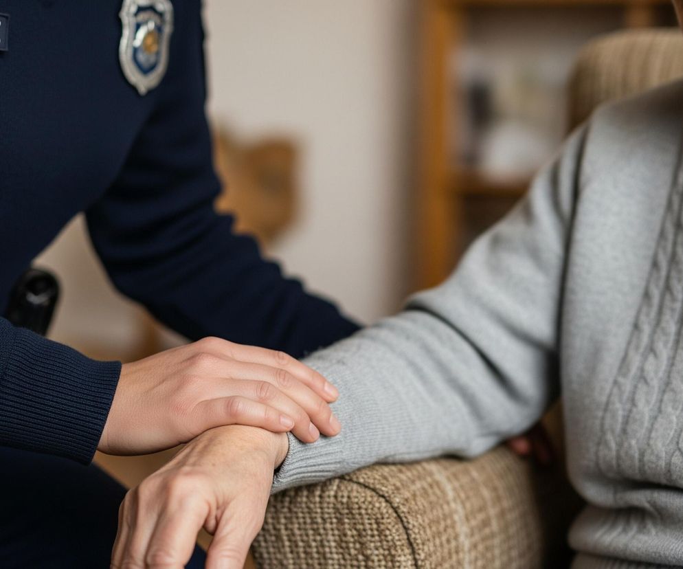 Lewa część obrazu przedstawia osobę w granatowym mundurze policyjnym z naszywką POLICE na ramieniu i emblematem służbowym. Prawa strona ukazuje część starszej osoby w szarym swetrze z warkoczowym splotem, siedzącej w fotelu. Dłoń policjanta spoczywa na przedramieniu starszej osoby, sugerując wsparcie lub pocieszenie. Tło jest rozmyte, ale widać fragmenty wnętrza.