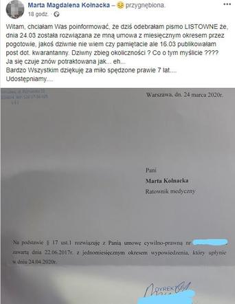 Zwolniona ratowniczka pogotowia