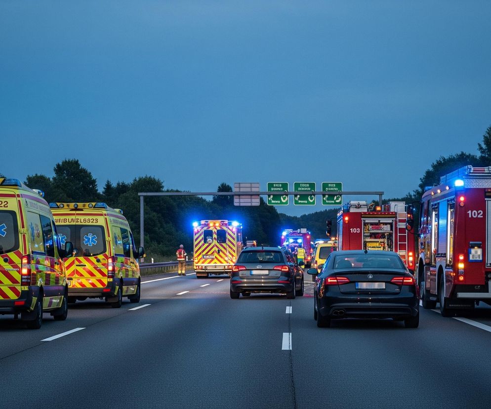Począwszy od pierwszego planu, po lewej stronie widać tył żółtej karetki pogotowia z czerwonymi skośnymi pasami i niebieskimi symbolami medycznymi na tylnych drzwiach. Po prawej stronie tej karetki, również na drodze, znajduje się czarny samochód osobowy. Dalej na drodze, widoczne są kolejne pojazdy ratunkowe, w tym inne karetki i czerwony wóz strażacki z numerem 102 na tyle, wszystkie z włączonymi niebieskimi światłami sygnalizacyjnymi. W tle, nad drogą, widnieją zielone tablice informacyjne z białymi napisami wskazującymi kierunki, a za nimi rozciąga się pas ciemnozielonych drzew pod wieczornym, granatowym niebem.