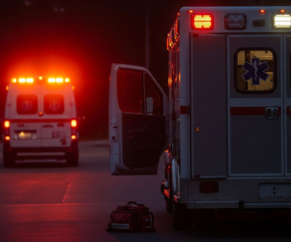 Na pierwszym planie, z prawej strony, znajduje się tył białej karetki z otwartymi drzwiami kierowcy. Na jej tylnych drzwiach widać niebieskie emblematy z laska Eskulapa, a czerwone światła sygnałowe na dachu są włączone. Pod drzwiami kierowcy leży czerwona torba medyczna. W tle, na środku obrazu, stoi druga biała karetka, z włączonymi pomarańczowymi światłami ostrzegawczymi, rzucającymi czerwone światło na asfalt. Obie karetki znajdują się na ciemnej ulicy, co sugeruje noc lub bardzo słabe oświetlenie.