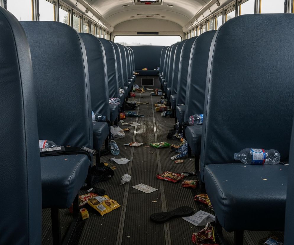 Wnętrze autobusu szkolnego jest widoczne od strony tyłu, z rzędami siedzeń po obu stronach. Siedzenia są granatowe, wykonane z materiału imitującego skórę, a podłoga między nimi pokryta jest szarym, ryflowanym materiałem. Na podłodze i na siedzeniach leży dużo śmieci, w tym puste butelki po wodzie, opakowania po przekąskach, pomięte papierki i kawałki jedzenia, tworząc wrażenie nieporządku.