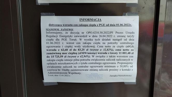 Ogłoszenie o podwyżkach czynszów w Toruniu. Zmiana taryfy na ciepło główną przyczyną