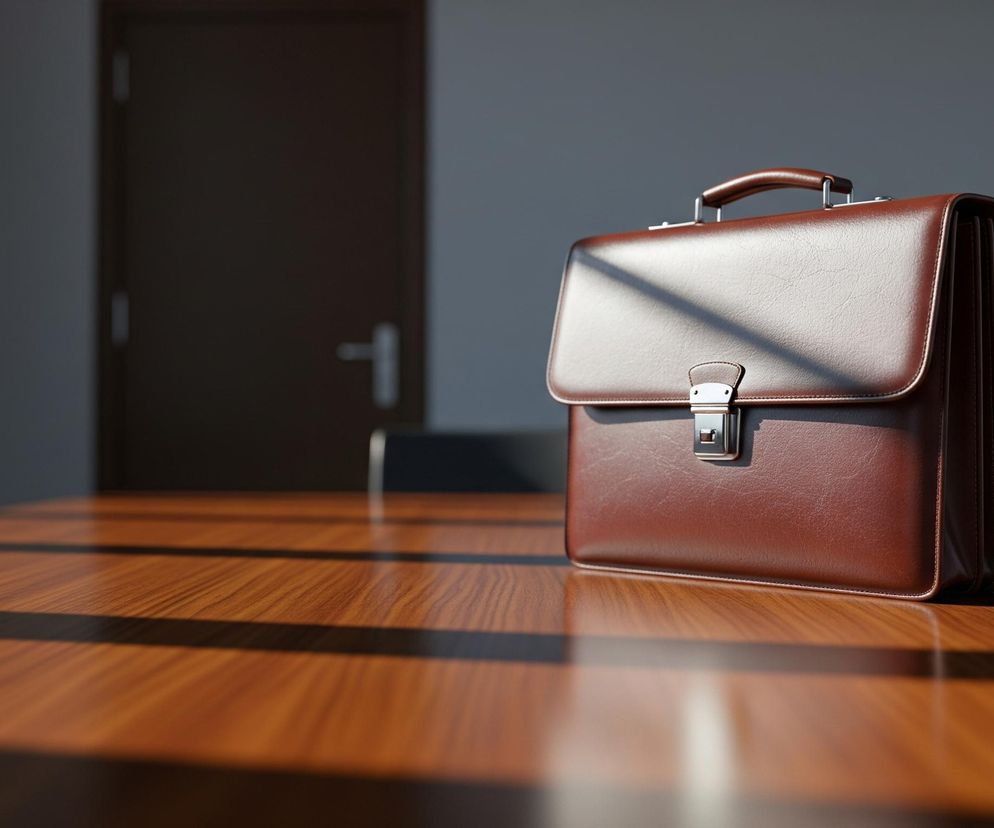 Na pierwszym planie, po prawej stronie drewnianego stołu, stoi brązowa teczka wykonana ze skóry, z metalowym zapięciem i uchwytem. Po lewej stronie teczki widać odbicie światła, a na jej górnej powierzchni padają poziome pasy cienia. Stół ma wyrazistą strukturę drewna o ciepłym, pomarańczowo-brązowym odcieniu, a na jego blacie również widoczne są równoległe, ciemne pasy cienia. W tle, za teczką, znajduje się ciemnobrązowe drzwi z jasną klamką, częściowo niewyraźne, obok jasnoszara ściana.