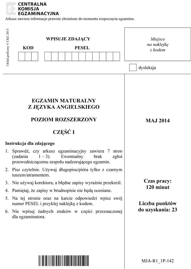 Matura 2014 język angielski ARKUSZE poziom rozszerzony cz. 1-1