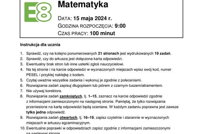 Egzamin ósmoklasisty 2024 - MATEMATYKA