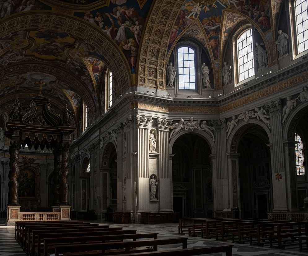 Wnętrze dużej, bogato zdobionej bazyliki ukazuje długą nawę z rzędami drewnianych ławek. Wysokie sklepienie jest pokryte licznymi freskami przedstawiającymi postaci i sceny w odcieniach złota, niebieskiego i czerwieni, a także skomplikowanymi, reliefowymi zdobieniami. Po prawej stronie widać słupy i arkady, z których część jest oświetlona promieniami słońca wpadającymi przez wysokie, prostokątne okna z małymi szybkami, a w niszach między nimi stoją rzeźby postaci ludzkich. Na dalekim końcu nawy znajduje się ołtarz z baldachimem, oświetlony snopem światła padającym na posadzkę w czarno-białe wzory.