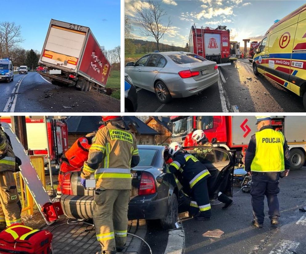 Samochód nagle wjechał pod ciężarówkę. Kierowcy w ciężkim stanie trafili do szpitala 
