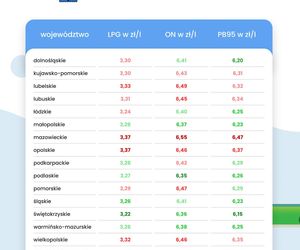 Średnie ceny paliw w województwach 