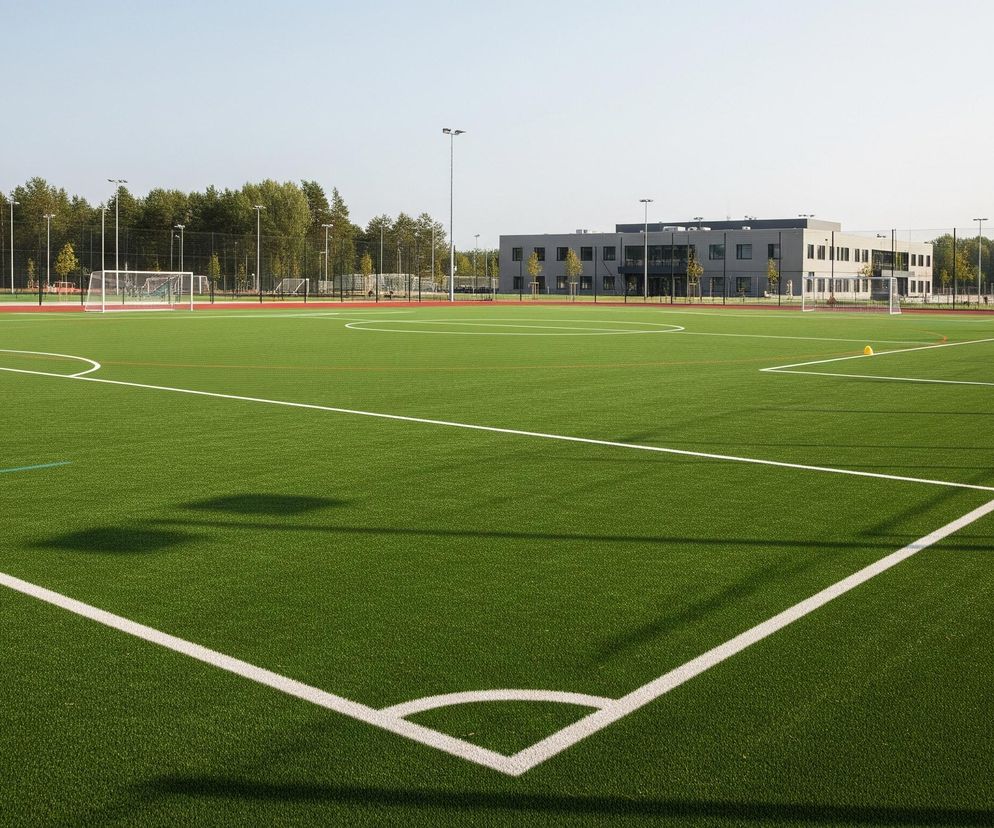 Duże, zielone boisko sportowe z syntetyczną trawą dominuje obraz, wyznaczone białymi i pojedynczą niebieską linią. W lewym dolnym rogu widoczny jest fragment narożnika boiska. W tle, za boiskiem, znajduje się czerwona bieżnia, a dalej szereg siatek i słupów oświetleniowych, za którymi rozciąga się pas drzew. Po prawej stronie, za bieżnią, stoi nowoczesny, szary budynek z wieloma oknami, a obok niego widoczne są dwie bramki piłkarskie.