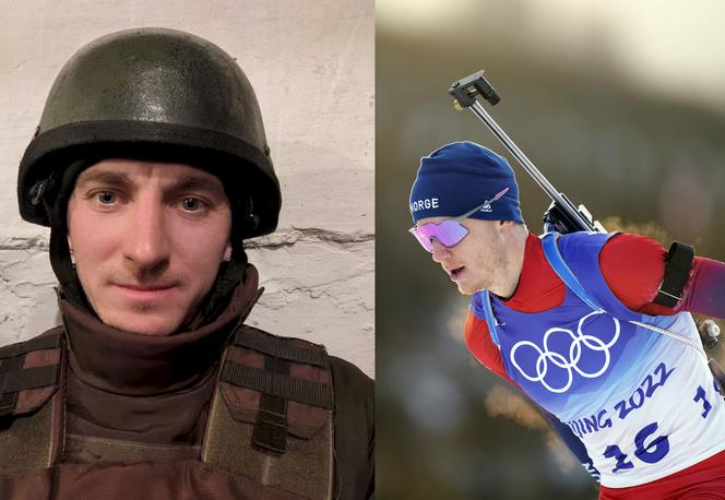 Biatlonista z Norwegii strzela do tarczy, a jego rywal z Ukrainy – do Rosjan