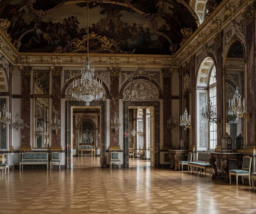 Wnętrze przestronnej, bogato zdobionej sali z wysokim sufitem dominują barwy złota, czerwonego marmuru i jasnego drewna. Na suficie widnieje duży fresk w ciemnych barwach, otoczony misternymi złoconymi sztukateriami, z którego zwisają kryształowe żyrandole. Ściany pokryte są panelami z czerwonego marmuru i białymi zdobionymi ramami, w których umieszczono lustra i dekoracyjne płaskorzeźby, a także wysokie, łukowate okna wpuszczające naturalne światło. Na wypolerowanej, wzorzystej podłodze z jasnego drewna, wzdłuż ścian, stoją eleganckie kanapy i krzesła obite zielonym aksamitem, oraz złocone stoły z marmurowymi blatami, na których znajdują się ozdobne wazy.
