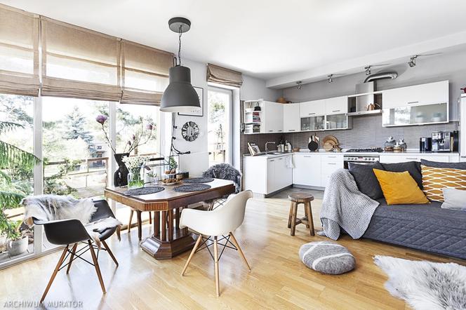 Salon z kuchnią w apartamencie w stylu skandynawskim