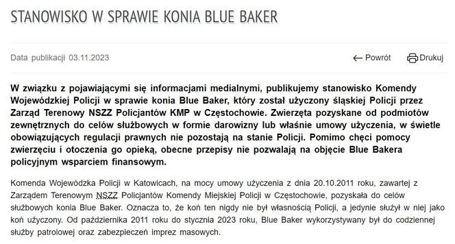 Stanowisko Komendy Wojewódzkiej Policji w Katowicach w sprawie konia Blue Bakera