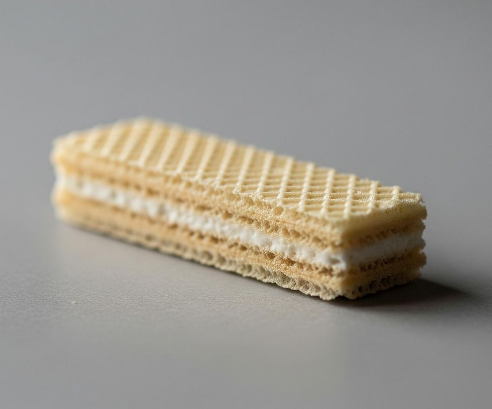 Prostokątny, wielowarstwowy wafelek spoczywa na gładkiej, szarej powierzchni, oświetlony od góry, co tworzy delikatny cień pod nim. Składa się z trzech jasnobeżowych warstw waflowych, przełożonych dwoma białymi warstwami kremu. Górna warstwa wafla ma wyraźną, wytłoczoną kratkę.