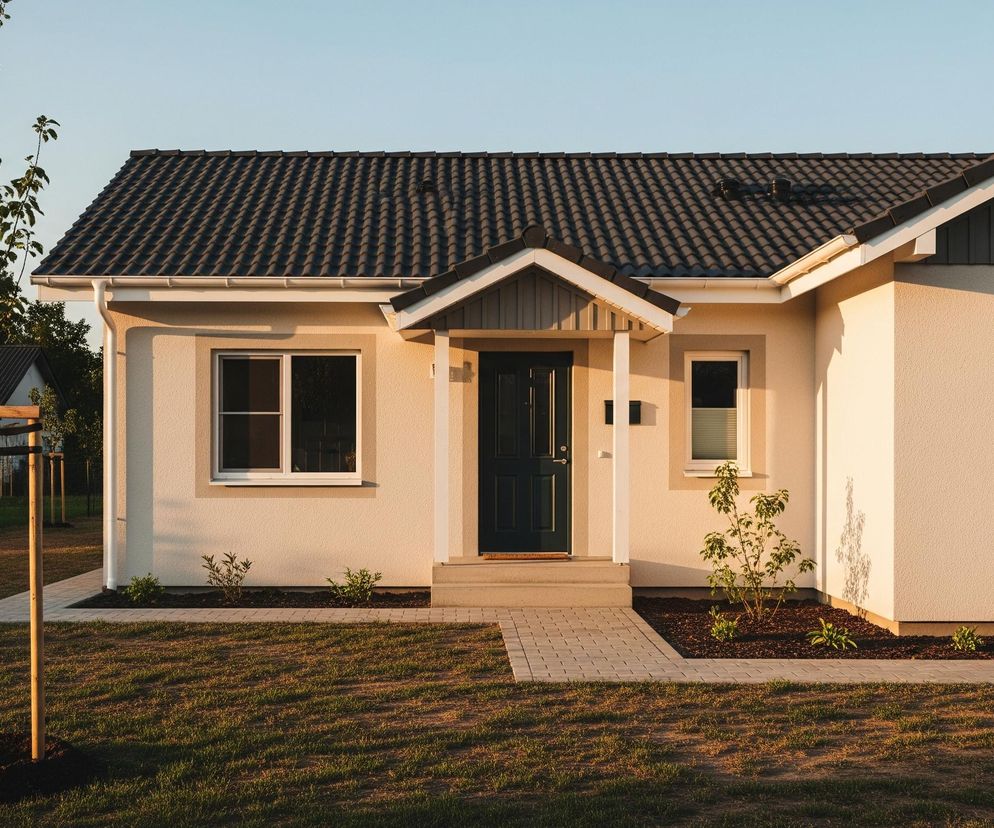 Na obrazie widnieje jednopiętrowy dom o beżowych ścianach i ciemnoszarym, spadzistym dachu z białymi rynnami. Przed wejściem do domu, z ciemnozielonymi drzwiami, znajduje się niewielki zadaszony ganek podparty dwoma białymi kolumnami. Obok drzwi wejściowych, po lewej stronie, znajduje się prostokątne okno z białą ramą, a po prawej węższe, również prostokątne okno. Dom otacza trawnik w odcieniach zieleni i brązu, a wzdłuż chodnika prowadzącego do drzwi wejściowych rosną młode krzewy na podłożu z kory. Po lewej stronie zdjęcia widać młode drzewa z zielonymi liśćmi, niektóre z nich są podparte drewnianymi palikami.