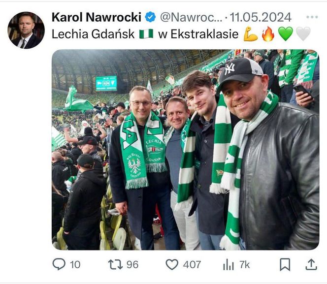Politycy fani Lechii Gdańsk: Tusk, Wałęsa, Nawrocki, Kurski