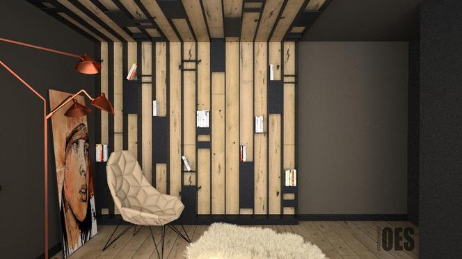 Sypialnia z drewnem i elementami miedzi