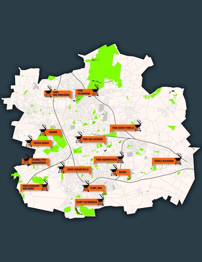 Mapa wszystkich miejsc na grilla w Łodzi