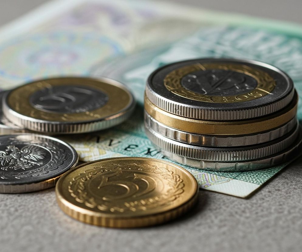 Na pierwszym planie, po prawej stronie, leży stos monet w kolorach srebrnym i złotym, ułożonych naprzemiennie, prawdopodobnie pięciozłotówek. Za tym stosem, na banknocie, widoczne są kolejne dwie monety: jedna srebrno-złota i jedna srebrna. Lewo od stosu, na szarym tle, leżą dwie pojedyncze monety: srebrna z orłem oraz złota z cyfrą 5. Wszystkie monety leżą na rozłożonym banknocie o zielono-fioletowych odcieniach, z częściowo widocznym napisem, a całość spoczywa na szarym, lekko chropowatym materiale.