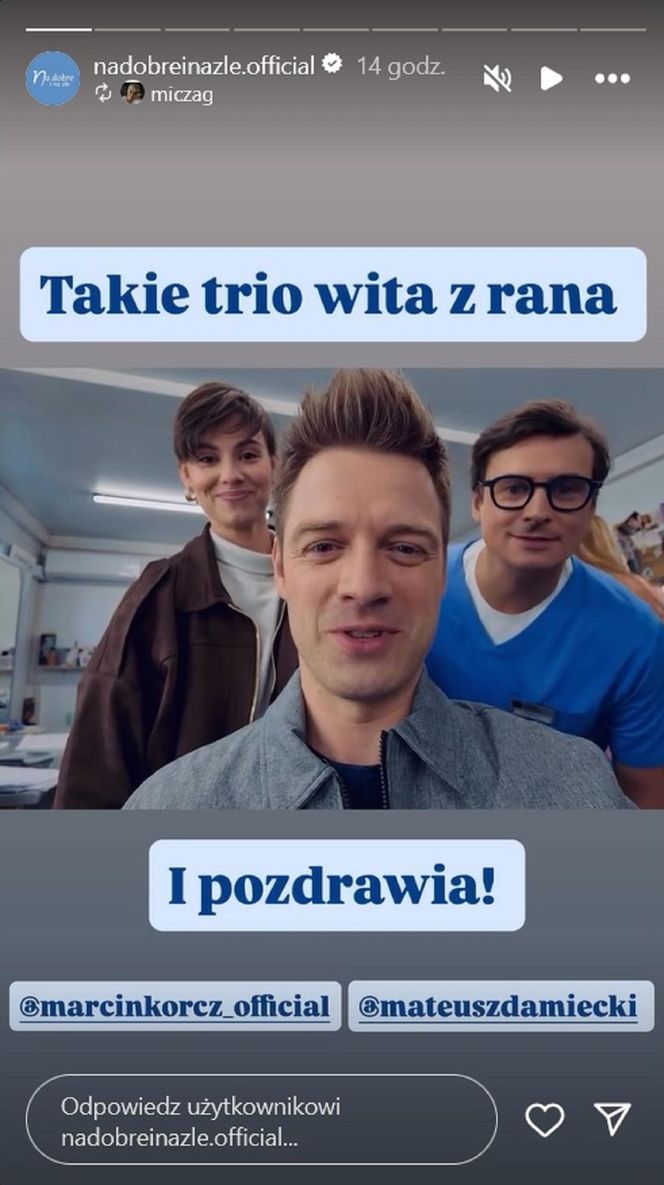 Na dobre i na złe. Blanka (Pola Gonciarz), Mario (Marcin Korcz), Krzysztof Radwan (Mateusz Damięcki)
