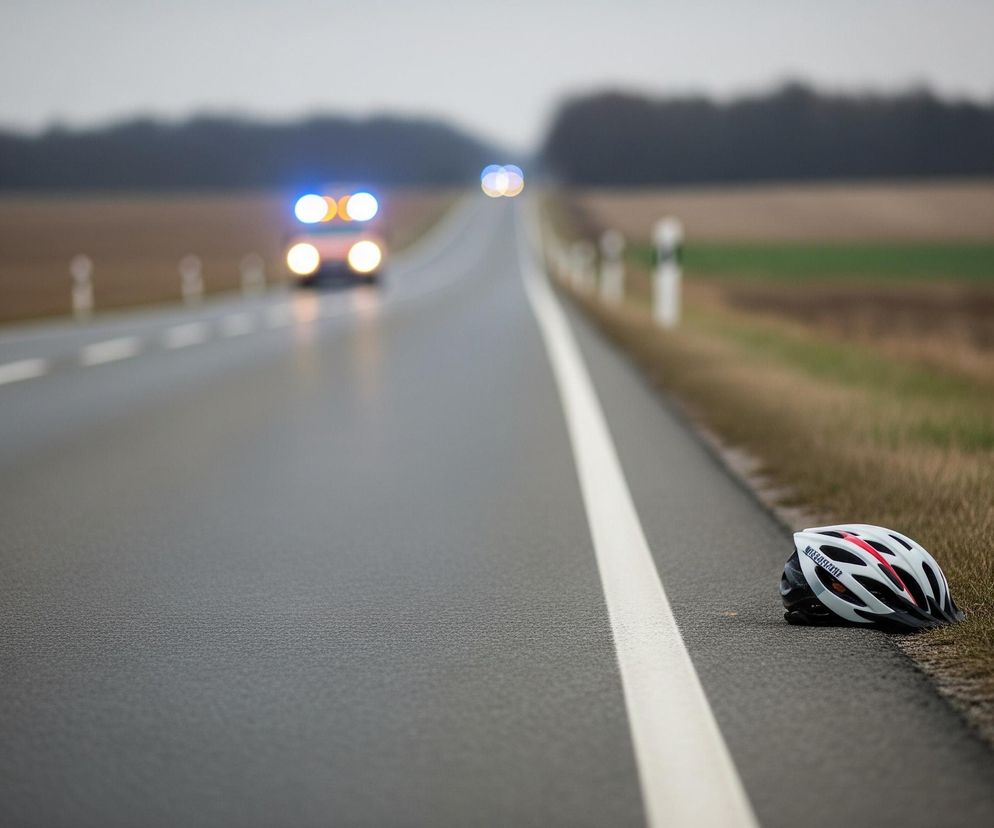 Na drodze asfaltowej, tuż przy prawej krawędzi, leży biały kask rowerowy z czerwonymi i czarnymi akcentami. Droga, pokryta białą linią ciągłą oddzielającą pas ruchu od pobocza, ciągnie się w głąb obrazu, gdzie w oddali widać pojazd z włączonymi, rozmazanymi światłami awaryjnymi – dwoma niebieskimi i dwoma żółtymi. Po obu stronach drogi rozciągają się pola i odległy pas ciemnych drzew pod zachmurzonym niebem, a na poboczu, po prawej stronie, widać kilka biało-czarnych słupków drogowych.